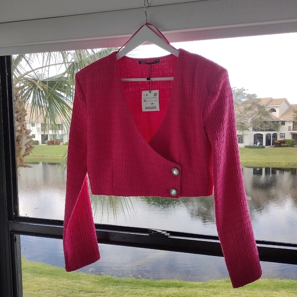 NWT Zara Pink Cropped Tweed Blazer Jacket XL - Picture 6 of 12